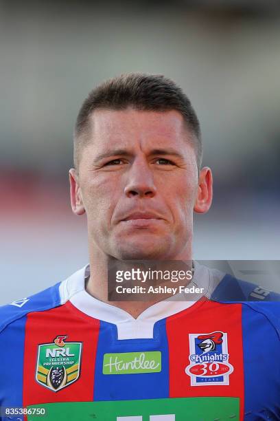 Shaun Kenny-Dowell of the Knights looks on during the round 24 NRL match between the Newcastle Knights and the Melbourne Storm at McDonald Jones...