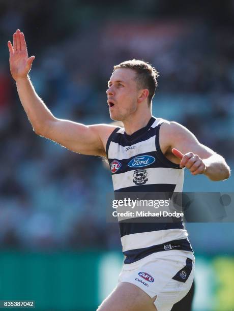 Mitch Duncan of the Cats celebrates a goal during the round 22 AFL match between the Collingwood Magpies and the Geelong Cats at Melbourne Cricket...