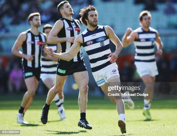 James Parsons of the Cats celebrates a goal during the round 22 AFL match between the Collingwood Magpies and the Geelong Cats at Melbourne Cricket...