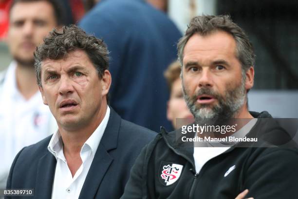 President Didier Lacroix and head coach Ugo MOLA of Toulouse during the pre-season match between Stade Toulousain Toulouse and Racing 92 at on August...