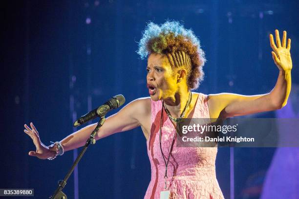 Poet Stacyann Chin performs on stage in support of Jill Scott at Pechanga Casino on August 18, 2017 in Temecula, California.