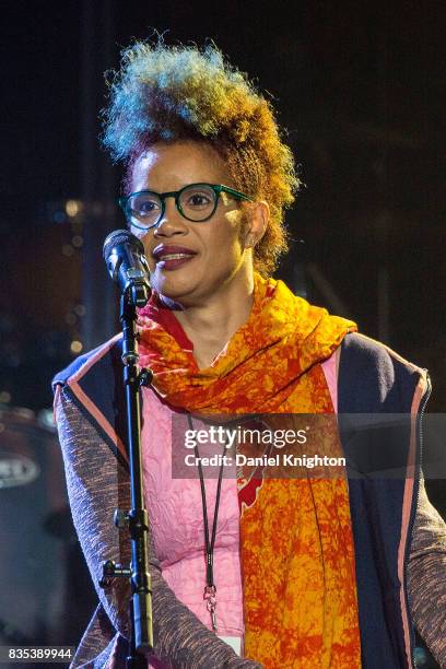 Poet Stacyann Chin performs on stage in support of Jill Scott at Pechanga Casino on August 18, 2017 in Temecula, California.