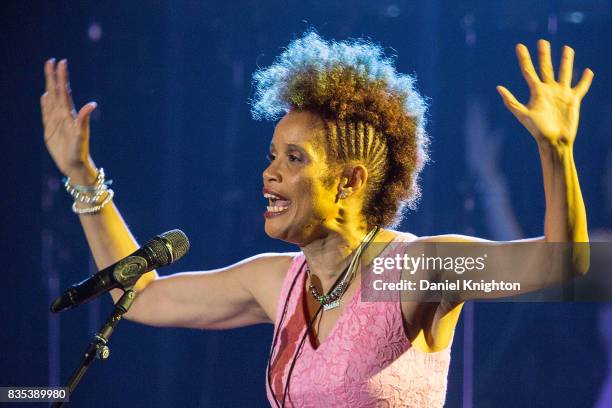 Poet Stacyann Chin performs on stage in support of Jill Scott at Pechanga Casino on August 18, 2017 in Temecula, California.