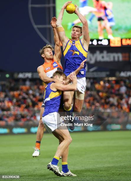 Nathan Vardy of the Eagles takes a mark over Matt de Boer of the Giants during the round 22 AFL match between the Greater Western Sydney Giants and...