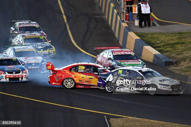 Jason Bright drives the MEGA Racing Ford Falcon FG-X and Will Davison drives the Tekno Woodstock Racing Holden Commodore VF spin at the start of race...