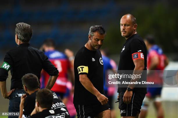 Wilfried Lahaye and Jean Noel Spitzer Coachs of Vannes during the Pro D2 match between Beziers and RC Vannes at on August 18, 2017 in Beziers, France.