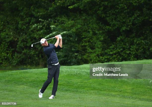 Marcel Seim of Germany plays his second shot on the 1st during day three of the Saltire Energy Paul Lawrie Matchplay at Golf Resort Bad Griesbach on...