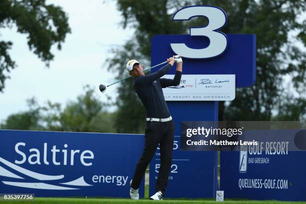 Marcel Seim of Germany tees off on the 3rd during day three of the Saltire Energy Paul Lawrie Matchplay at Golf Resort Bad Griesbach on August 19,...