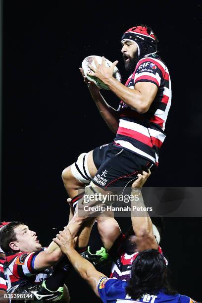 Matiaha Martin of Counties Manukau wins lineout ball during the round one Mitre 10 Cup match between Counties Manukau and Auckland at ECOLight...