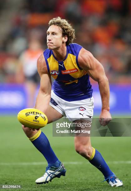 Matt Priddis of the Eagles handballs during the round 22 AFL match between the Greater Western Sydney Giants and the West Coast Eagles at Spotless...