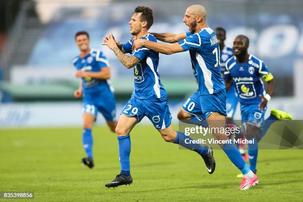 Romain Grange of Niort jubilates as he scores the first goal during the Ligue 2 match between Niort and Tours on August 18, 2017 in Niort, .