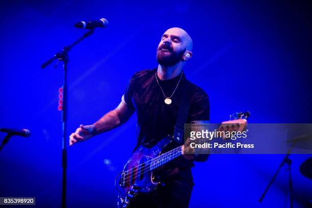Sam Harris of the american rock band X Ambassadors pictured on stage as they perform live at Lowlands Festival 2017 in Biddinghuizen Netherlands.