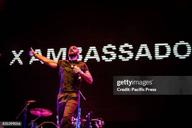 Sam Harris of the american rock band X Ambassadors pictured on stage as they perform live at Lowlands Festival 2017 in Biddinghuizen Netherlands.