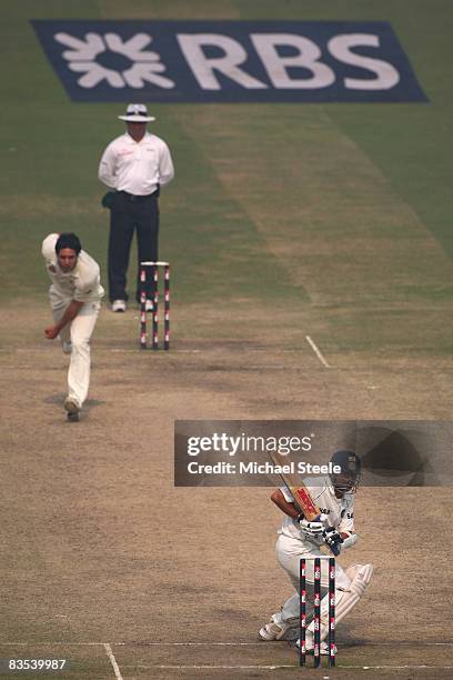 Sachin Tendulkar of India facing the bowling of Mitchell Johnson during day five of the Third Test match between India and Australia at the Feroz...