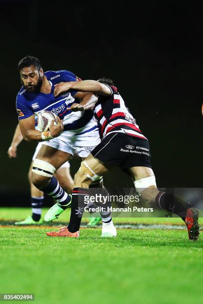 Patrick Tuipulotu of Auckland charges forward during the round one Mitre 10 Cup match between Counties Manukau and Auckland at ECOLight Stadium on...