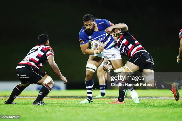 Patrick Tuipulotu of Auckland charges forward during the round one Mitre 10 Cup match between Counties Manukau and Auckland at ECOLight Stadium on...