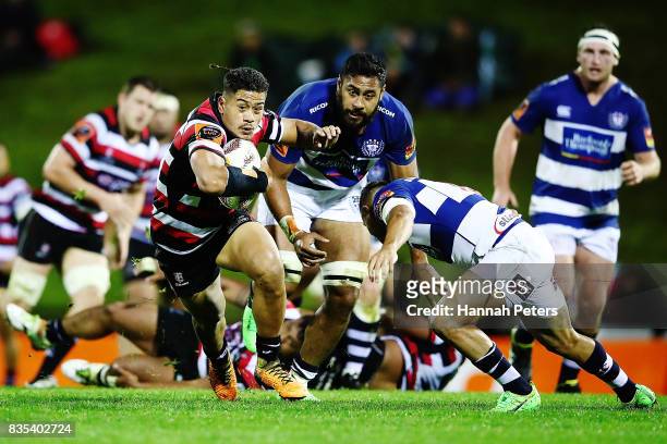 Augustine Pulu of Counties Manukau makes a break during the round one Mitre 10 Cup match between Counties Manukau and Auckland at ECOLight Stadium on...