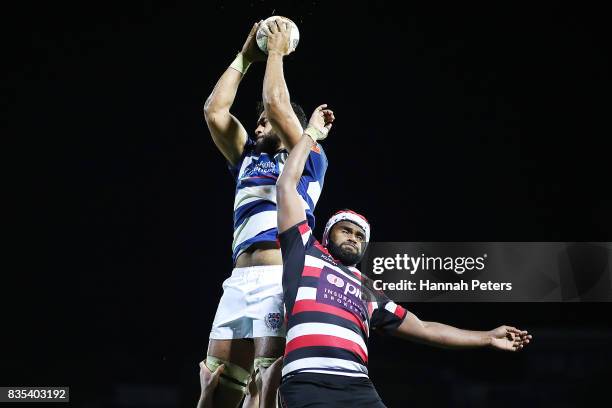 Patrick Tuipulotu of Auckland wins lineout ball during the round one Mitre 10 Cup match between Counties Manukau and Auckland at ECOLight Stadium on...