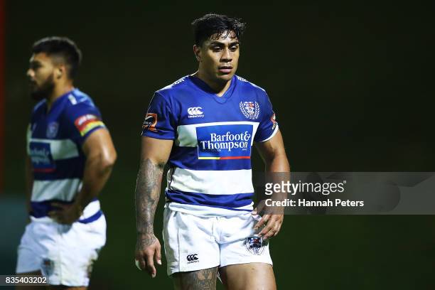 George Moala and Malakai Fekitoa of Auckland look on during the round one Mitre 10 Cup match between Counties Manukau and Auckland at ECOLight...
