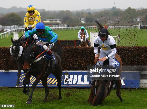 Winning rider Richard Johnson on Dillay Brook clears the last as Christian Williams on Bynack Mhor goes to ground during the fourth race, the Limpio...