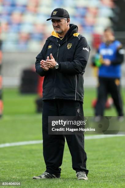 Coach Colin Cooper of Taranaki looks on during the round one Mitre 10 Cup match between Taranaki and Waikato at Yarrow Stadium on August 19, 2017 in...
