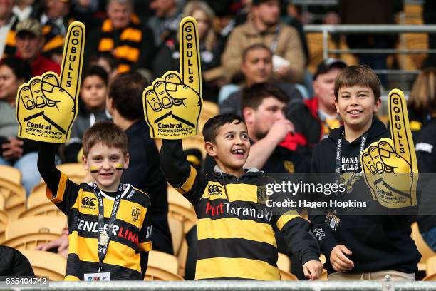 Taranaki fans show their support during the round one Mitre 10 Cup match between Taranaki and Waikato at Yarrow Stadium on August 19, 2017 in New...