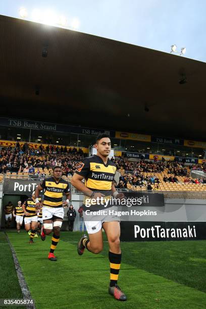 Stephen Perofeta of Taranaki takes the field during the round one Mitre 10 Cup match between Taranaki and Waikato at Yarrow Stadium on August 19,...