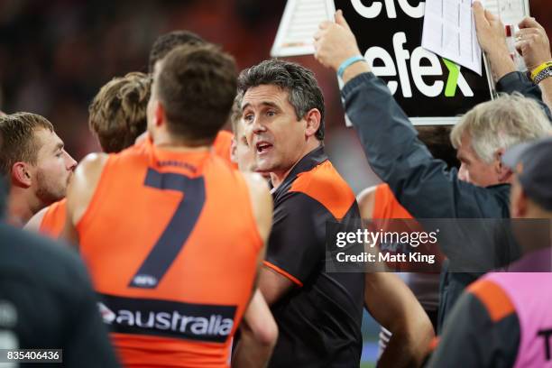 Giants head coach Leon Cameron speaks to players at three quarter time during the round 22 AFL match between the Greater Western Sydney Giants and...