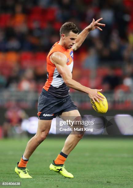 Brett Deledio of the Giants kicks during the round 22 AFL match between the Greater Western Sydney Giants and the West Coast Eagles at Spotless...