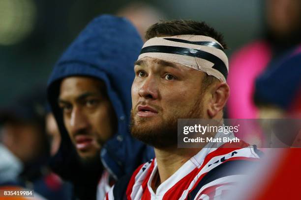 Jared Waerea-Hargreaves of the Roosters looks on during the round 24 NRL match between the Sydney Roosters and the Wests Tigers at Allianz Stadium on...