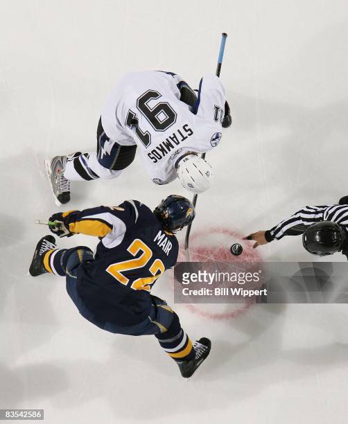 Adam Mair of the Buffalo Sabres takes a faceoff against Steve Stamkos of the Tampa Bay Lightning on October 30, 2008 at HSBC Arena in Buffalo, New...