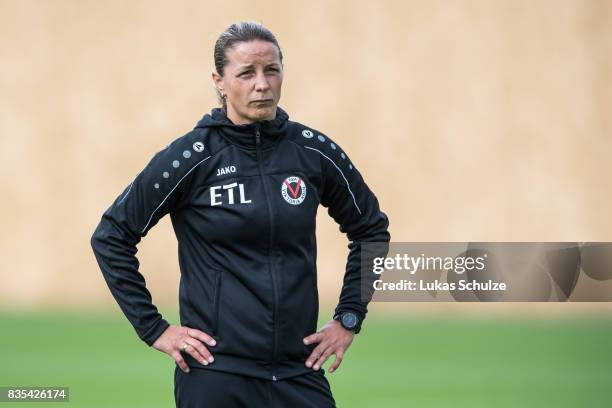 Head Coach Inka Grings of Koeln looks up during the B Juniors Bundesliga match between Borussia Dortmund and FC Viktoria Koeln on August 19, 2017 in...