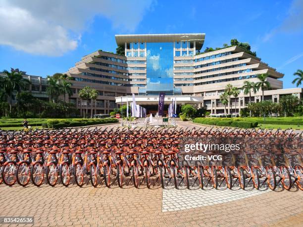 The customized shared bicycles with slogans that eulogize China are seen lined up on the street at Futian District on August 19, 2017 in Shenzhen,...