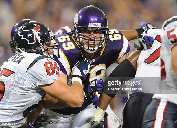 Defensive end Jared Allen of the Minnesota Vikings rushes the quarterback during an NFL game against the Houston Texans at the Hubert H. Humphrey...