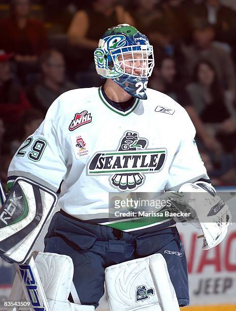 Jacob DeSerres of the Seattle Thunderbirds defends the net against the Kelowna Rockets on October 29, 2008 at Prospera Place in Kelowna, Canada.