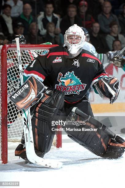 Kris Lazaruk of the Kelowna Rockets defends the net against the Seattle Thunderbirds at the Kelowna Rockets on October 29, 2008 at Prospera Place in...
