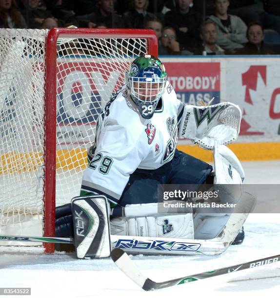 Jacob DeSerres of the Seattle Thunderbirds blocks a shot against the Kelowna Rockets on October 29, 2008 at Prospera Place in Kelowna, Canada.