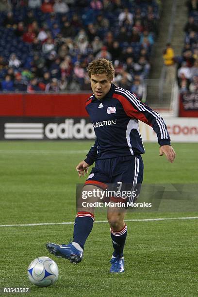 October 30: Chris Albright of the New England Revolution handles the ball during the game played against the Chicago Fire at Gillette Stadium on...