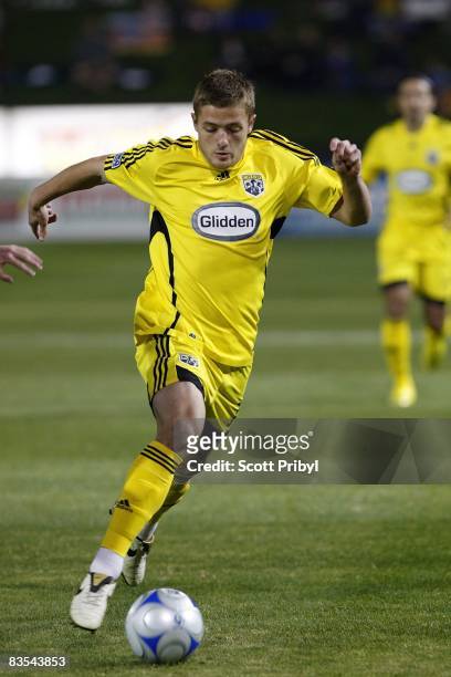 Robbie Rogers of the Columbus Crew dribbles against the Kansas City Wizards during the game at Community America Ballpark on November 1, 2008 in...