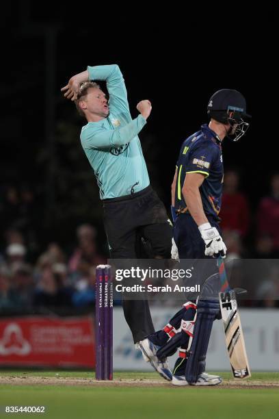 Gareth Batty of Surrey bowls during the NatWest T20 Blast South Group match between Kent Spitfires and Surrey at The Spitfire Ground on August 18,...