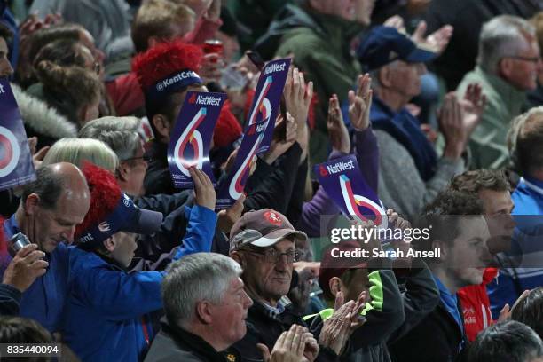 Kent Spitfires fans celebrate a six during the NatWest T20 Blast South Group match between Kent Spitfires and Surrey at The Spitfire Ground on August...