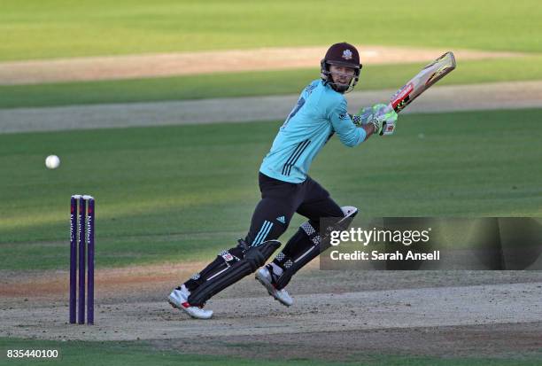 Ben Foakes of Surrey hits out during the NatWest T20 Blast South Group match between Kent Spitfires and Surrey at The Spitfire Ground on August 18,...