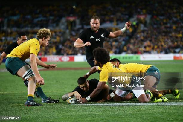 Sonny Bill Williams of the All Blacks scores a try during The Rugby Championship Bledisloe Cup match between the Australian Wallabies and the New...