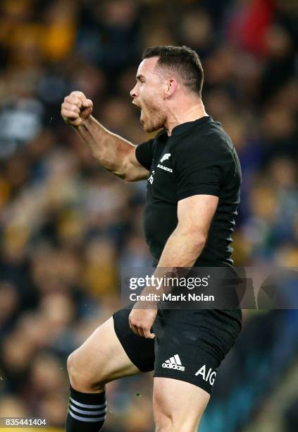 Ryan Crotty of the All Blacks celebrates scoring a try during The Rugby Championship Bledisloe Cup match between the Australian Wallabies and the New...