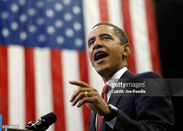 Democratic presidential nominee U.S. Sen. Barack Obama speaks during a campaign rally at Veterans Memorial Arena November 3, 2008 in Jacksonville,...