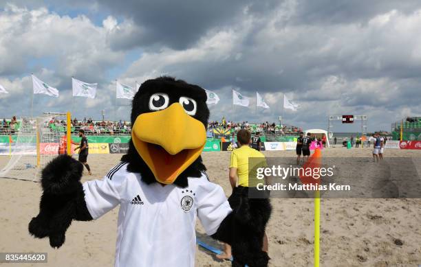 Mascot Paule of DFB poses on day 1 of the 2017 German Beach Soccer Championship on August 19, 2017 in Warnemunde, Germany.