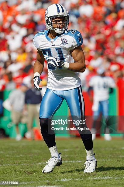 Cortland Finnegan of the Tennessee Titans jogs on the field during the game against the Kansas City Chiefs at Arrowhead Stadium on October 19, 2008...