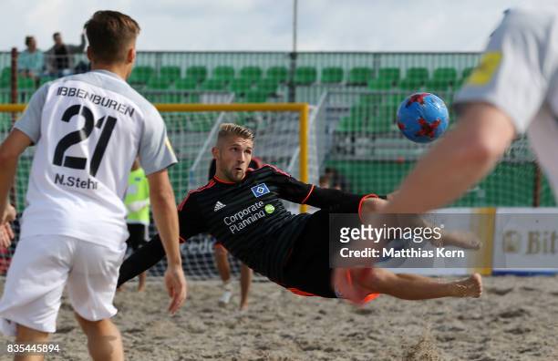 Player of Hamburger SV plays the ball on day 1 of the 2017 German Beach Soccer Championship on August 19, 2017 in Warnemunde, Germany.