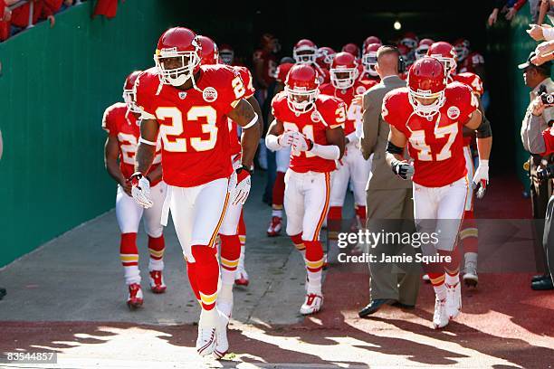 Patrick Surtain of the Kansas City Chiefs leads his team onto the field before the game against the Tennessee Titans at Arrowhead Stadium on October...