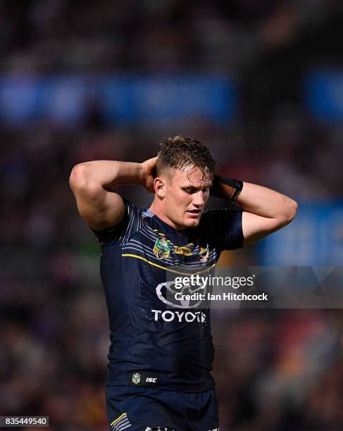 Coen Hess of the Cowboys reacts after a penalty during the round 24 NRL match between the North Queensland Cowboys and the Cronulla Sharks at...